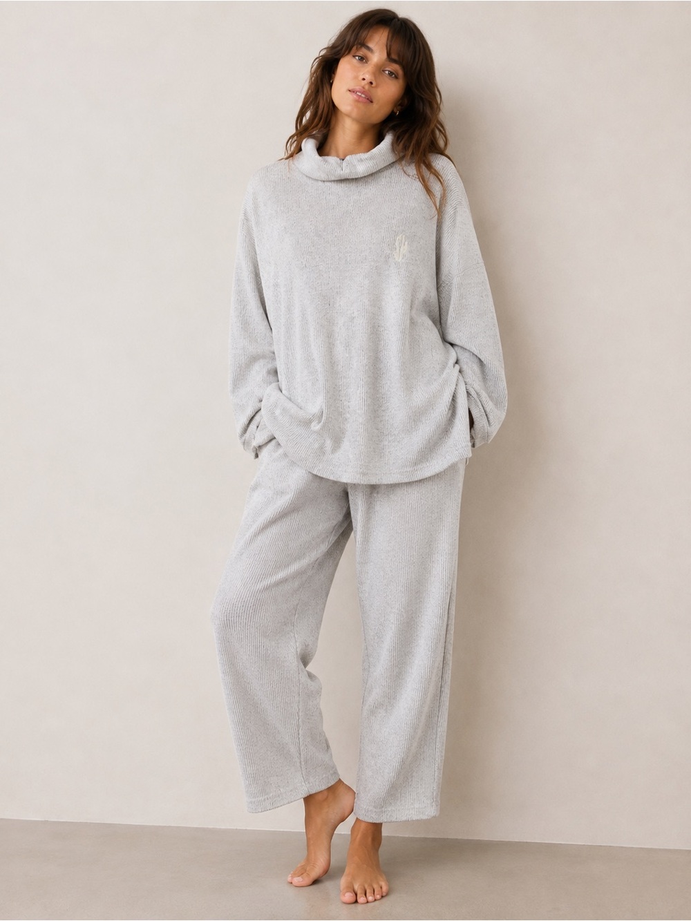 Vintage Shooky Cozy Ribbed Knit Lounge Set Gray Turtleneck 90s cropped petite